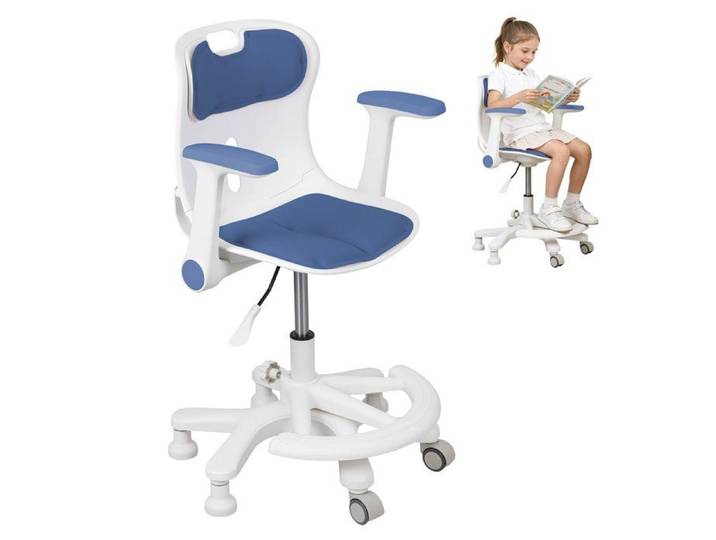 WILITTO Chaise de Bureau Roulante Enfant - Conception Ergonomique - Accoudoirs et Repose - Pieds Réglables - Bleu