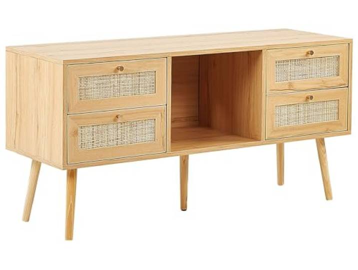 Beliani TV-Schrank aus hellem Holz Rattan mit 4 Schubladen Perote