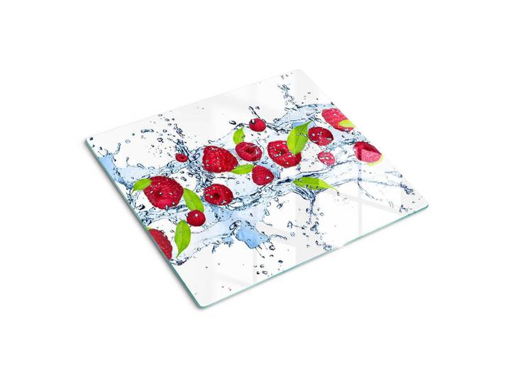 Tulup Glasplatte 60x52 cm Himbeeren und Wasser, Rot, Glas, 60x0.4x52 cm, Küchen, Küchenelektrogeräte, Herde, Herdabdeckplatten
