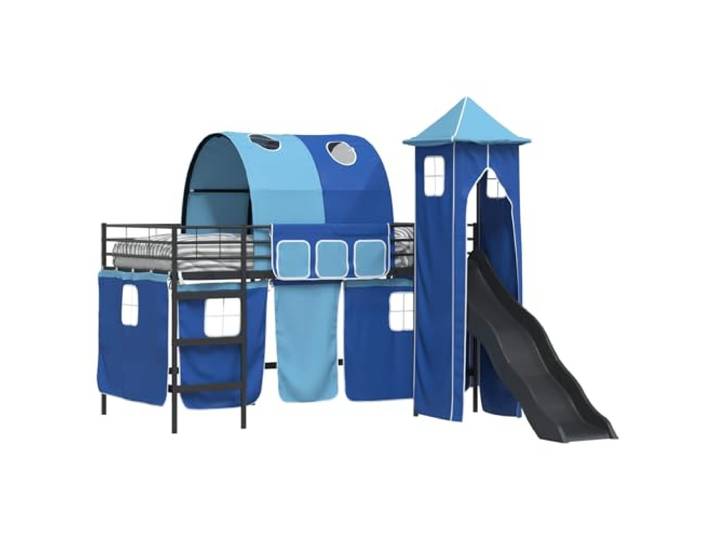 PUGYNBK Etagenbett für Kinder, Metall, 90 x 200 cm, Schwarz / Blau Mit Vorhängen, atmungsaktiven Netzpaneelen, platzsparend, einfache Reinigung