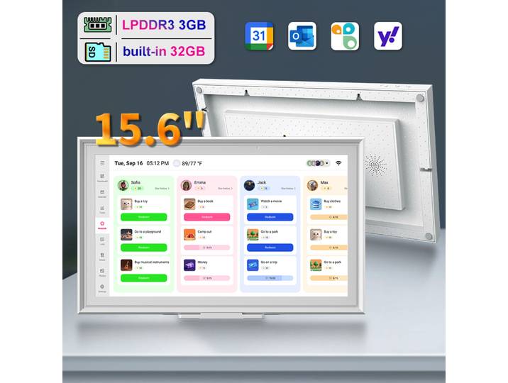 HGFRTEE 15,6 Calendrier numérique intelligent WiFi 6 Android 14 avec écran tactile, planificateur familial, tableau des tâches, installation murale et sur bureau, cadre photo, synchronisation