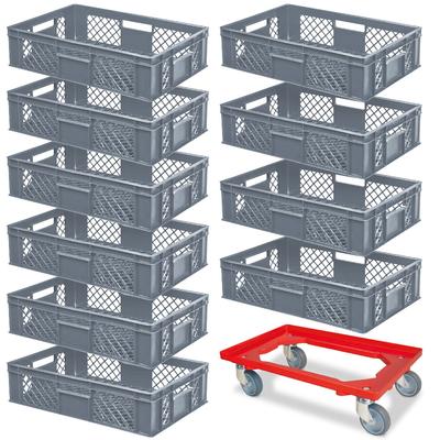 BRB 10 Euroboxen, 600x400x150 mm, lebensmittelecht, grau + Transportroller