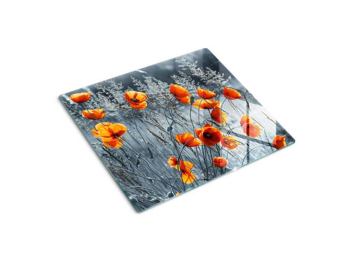 Tulup Glasplatte 60x52 cm Mohnfeld, Orange, Glas, 60x0.4x52 cm, Küchen, Küchenelektrogeräte, Herde, Herdabdeckplatten