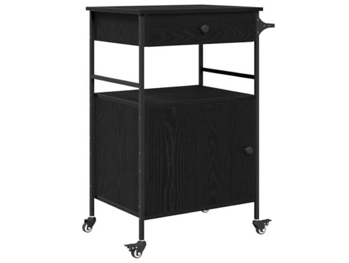 Foknhdi Küchentrolley Schwarz Eichen-Optik 56 x 43 x 89,5 cm Kompakter Servierwagen für Küche und Esszimmer mit stabiler Ablage aus Holzwerkstoff und bequemer Rollfunktion.
