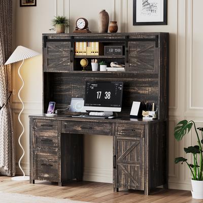 Aura Farmhouse Executive Desk with Hutch, 5 Drawers, USB Charging