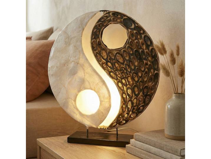 Woru Designer Tischlampe Ying Yang, weiß / opal, für Wohn- / Esszimmer, Textil / Stoff / Seide, Design
