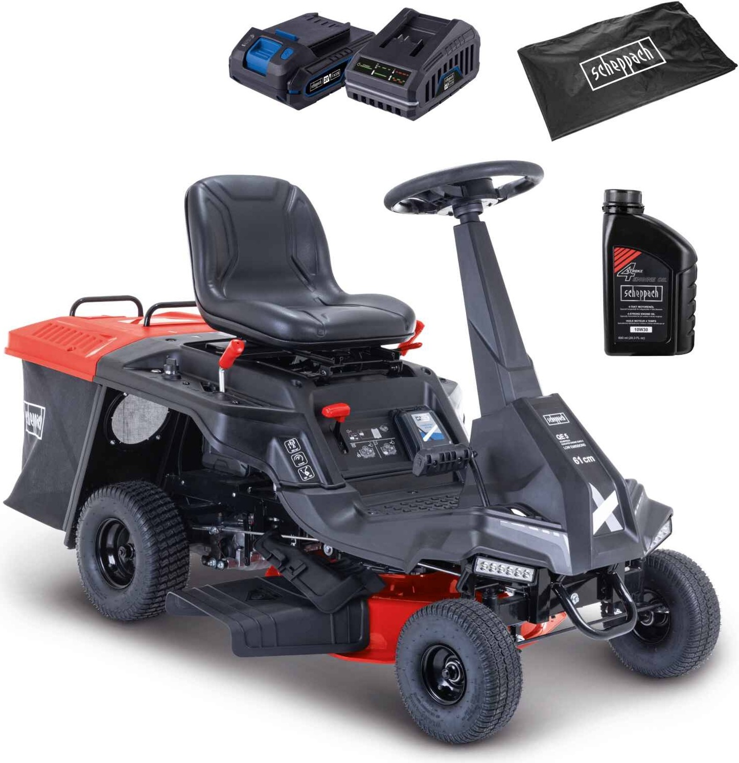 Scheppach MR235-61 Benzin Aufsitzrasenmäher 6PS | 61cm Schnittbreite | 150L Korb | LED | E-Start | 4 Vorwärtsgänge Aufsitzmäher inkl. Öl & Motorhaube