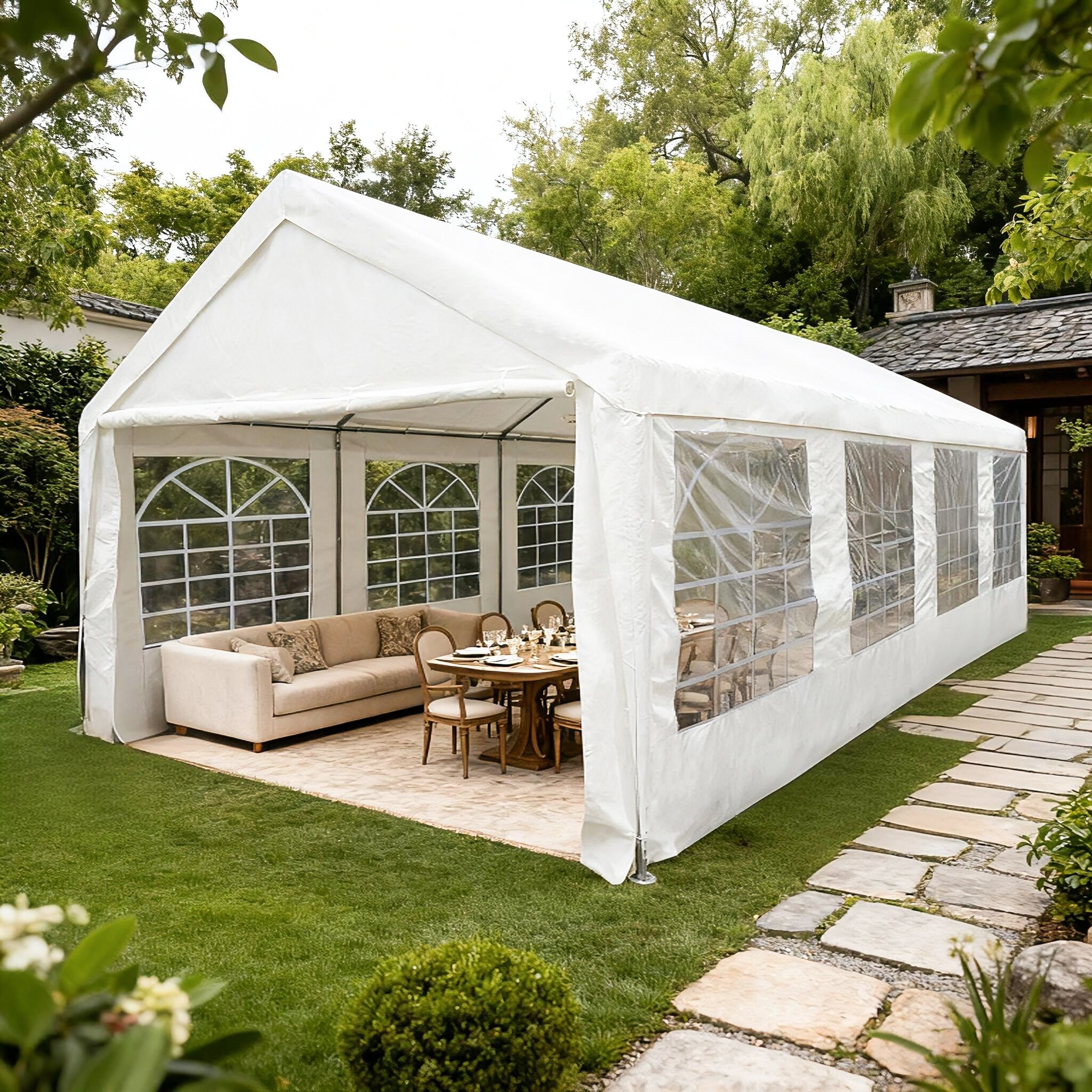 Partyzelt KONIFERA "Málaga", weiß (silberfarben, weiß), B/H/T: 398cm x 306cm x 796cm, Pavillons, Partyzelt, BxTxH: 400x800x306 cm