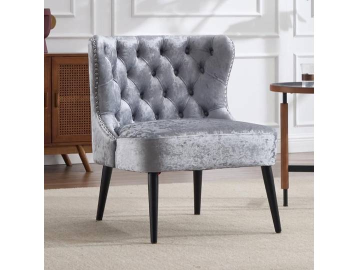 chairus Fauteuil Velours avec Pieds Bois Chaise de Salon pour Chambre Fauteuil Crapaud avec Rivets et Boutons Décoratifs Gris