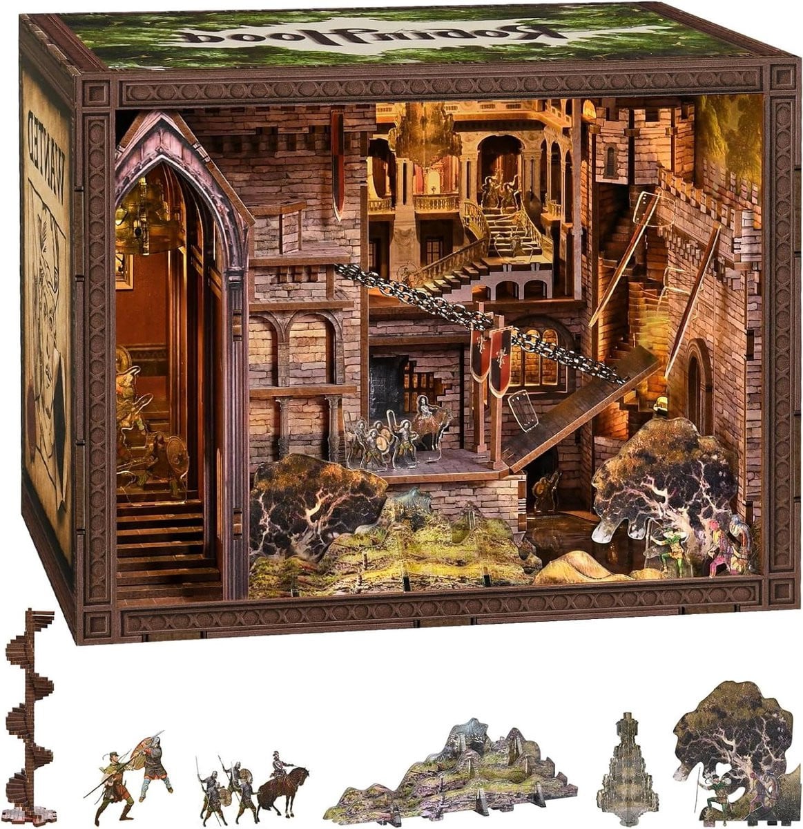 MiniCity Book Nook Kit DIY Miniatuurkit Robin Hood - 3D Houten Puzzel Boekensteun met Stofhoes