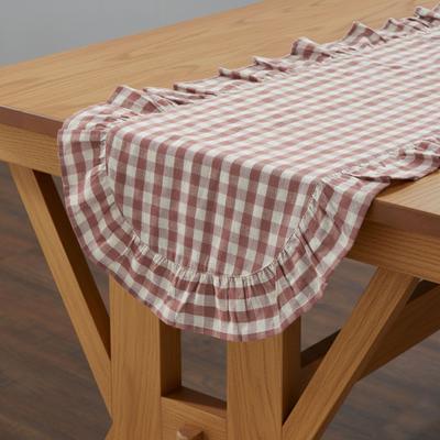 VHC Brands Rosehill Cottage Dusty Rose Gingham Ruffled Cotton Table Runner