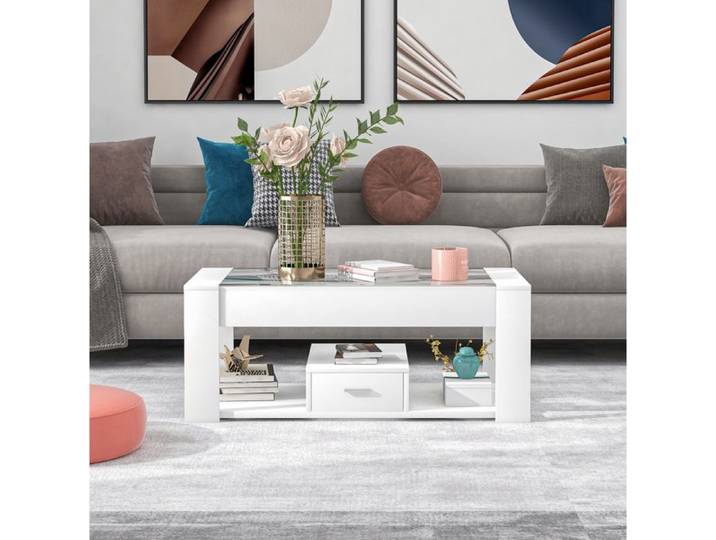VUENOR Table basse 100x50x40 cm blanc – verre 2 tiroirs rangement