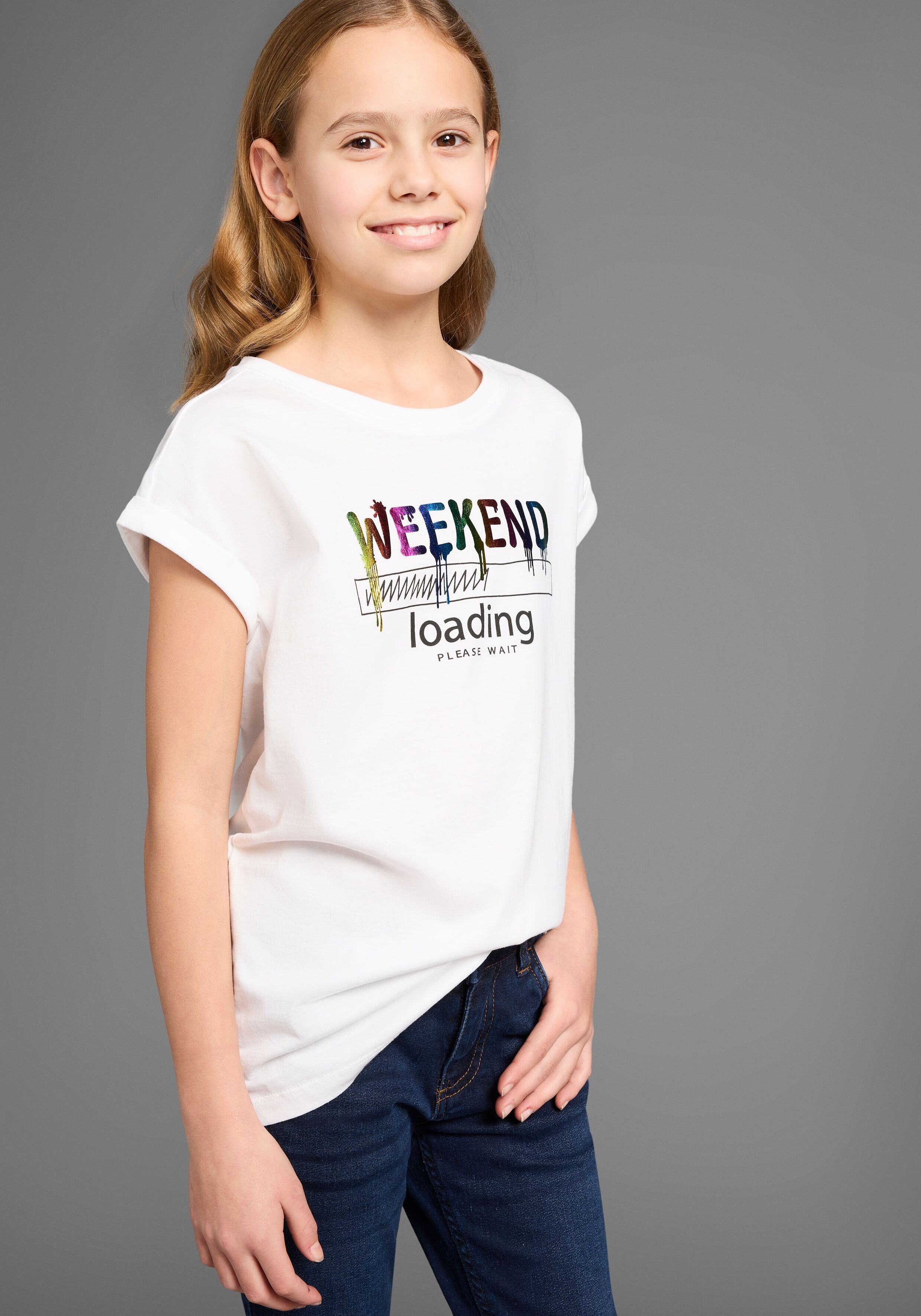 T-Shirt KIDSWORLD "WEEKEND loading...please wait", Mädchen, Gr. 176/182, weiss (weiß), Single Jersey, Obermaterial: 100% Baumwolle, bedruckt, weit hüftbedeckend, Rundhals, Aufschlag, Shirts T-Shirt, Kurzarm, weite Passform, bedruckte Optik, Rundhalsaussch