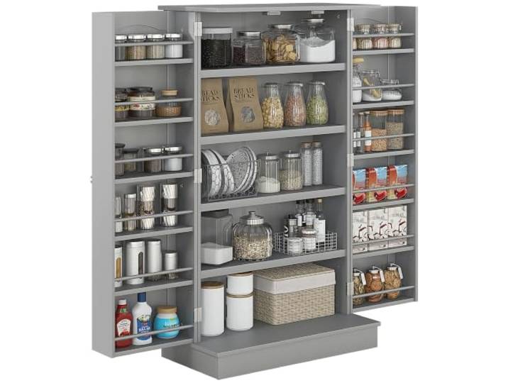 HOMCOM Küchenschrank, Sideboard, Küche, Geschirr, modernes Aufbewahrungsmöbel mit Schränken, verstellbarem Regal und 12 Gewürzhaltern, Speisekammer für Esszimmer, Wohnzimmer, 60 x 30 x 104 cm, Grau