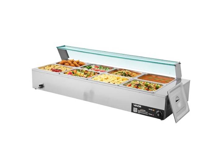 VEVOR kommerzieller Speisenwärmer (8 x 1/2 Größe Behälter), 1,7 kW elektrischer Wärmebehälter aus Edelstahl mit Glasabdeckung & Suppenkelle, Chafing Dishes für Catering Restaurant Party