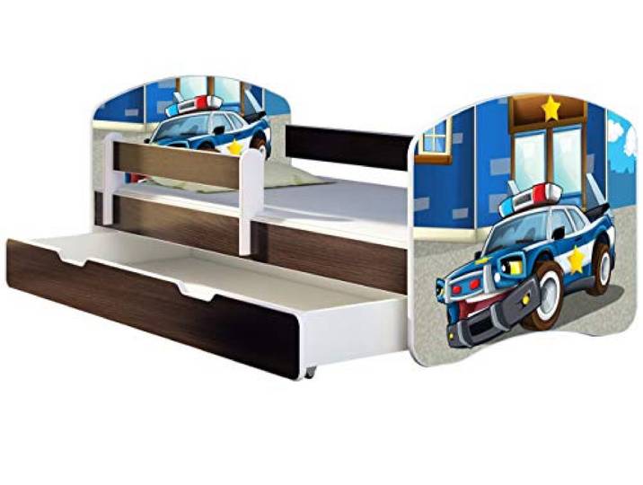 ACMA Kinderbett 160x80 Jugendbett mit Einer Schublade und Matratze, Farbe Wenge, Rausfallschutz Lattenrost II Spielbett Kinderzimmer Möbel, 38 Polizei