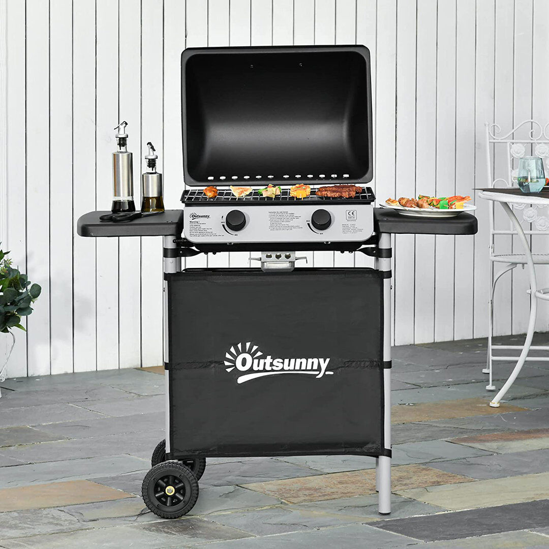 HOMCOM 2 Burner Gas BBQ Trolley 5.6 kW Gas Barbecue Grill with Lid Black Matte Black 2