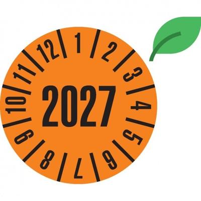 Dreifke® Prüfplakette 2027, orange, ökologische Folie, selbstklebend, Ø 30mm, 500/Rolle