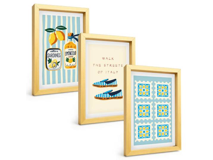 Tulup Bilder SET 3er Set - 20x30 cm Goldrahmen - Früchte, Elemente der italienischen Kultur, Goldfarben, Kunststoff, Rechteckig, 20x30 cm, Fotografie, Bilder & Rahmen, Bilder