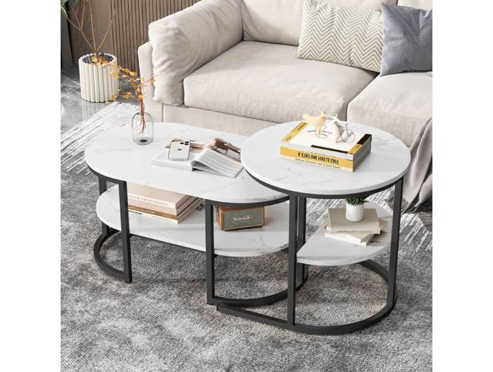 Table Basse Salon Marbre Et Métal Noire - Contemporaine\, Plateau 60 Kg\, Gigogne