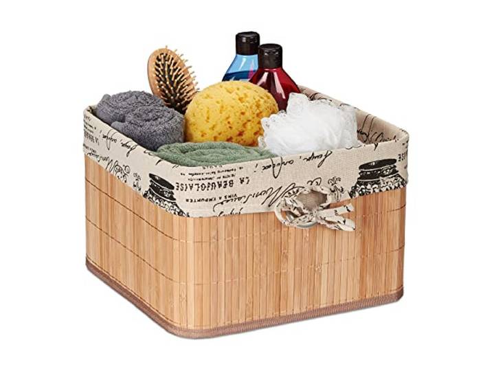 Relaxdays Panier de rangement\, bambou et polyester\, nature-crème HLP: 20x31x31 cm\, corbeille à poignée\, boîte d’étagère