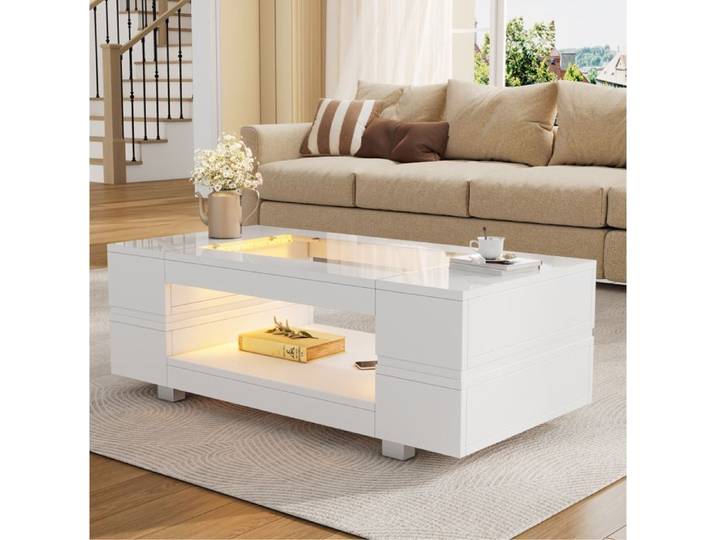Table basse SENVIRO LED blanche a niche ouverte et plateau brillant 100x50x35cm