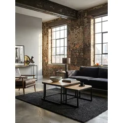 Couchtisch 2er Set Mango Massivholz Metall Rund Industrial Hell, Hellbraun 60x60x40 cm