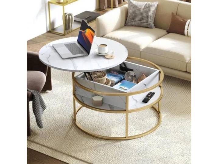 MIPAN.60x60X47cm Table Basse - Design Industriel - Table Basse Ronde Salon - Avec Rangement Caché - Blanc