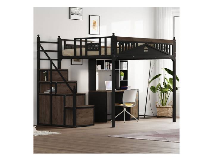 Odikalo Hochbett Jugendbett Kletterleiter Metallbett Spinden Schreibtisch Regal 140x200