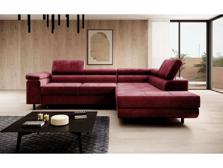 Designer Ecksofa Costa mit Schlaf- und Klappfunktion aus Samt - Bordeaux - Rechts - Luxusbetten24