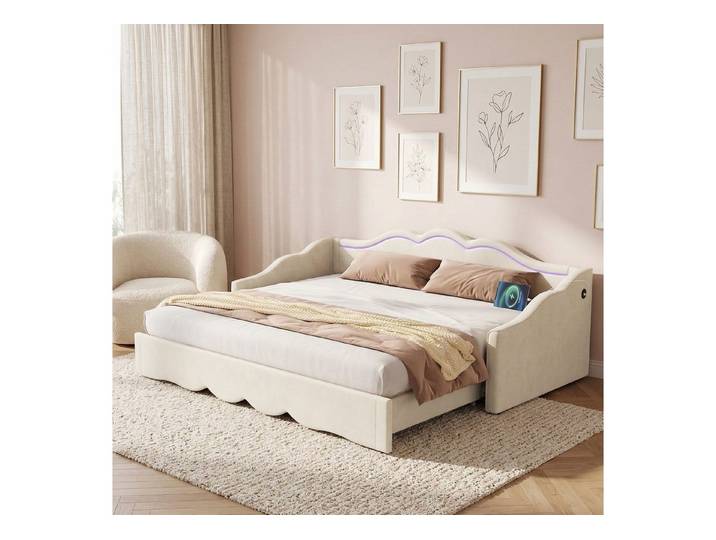 STILVORA Polsterbett 90x200 mit LED Schlafsofa Tagesbett ausziehbar auf 180 cm (ausziehbar zum Doppelbett), LED-Beleuchtung, USB & Type-C-Anschlüsse, platzsparend