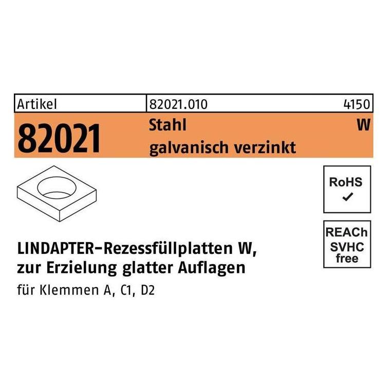 Lindapter Rezessfüllplatte R 82021 Form W W 12 / 6,5 Stahl galvanisch verzinkt (820210100120000)