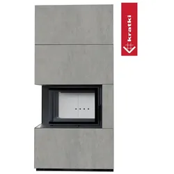 Kratki Kaminbausatz FLOKI BOX links 8kW Ø160 Quarzsinter CEMENTO GRIGIO BOCCIARDATA