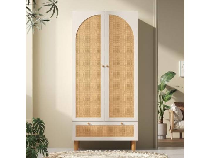 RAPRAP Weiß Kleiderschrank Klein Holz Landhausstil mit Gelb Rattan, 2 Türen Kleiderschrank mit Schubladen, Höhenverstellbare Regale, Kippschutz für Schlafzimmer & Flur, 180x85x52 cm,Weiß,A