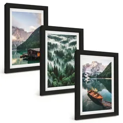 BILDER SET 3er Set - 20x30 cm Schwarzer Rahmen - Bergsee, Boot, Waldnebel