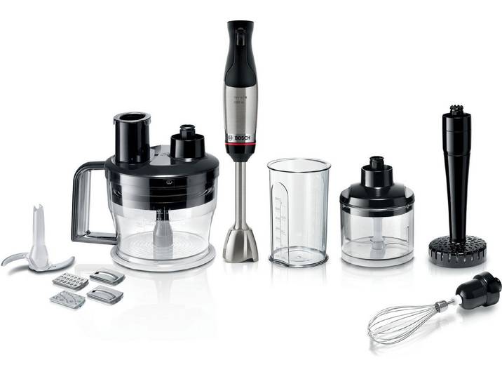 BOSCH Stabmixer ErgoMaster Serie 6 MSM6M673, 4 Klingen, Mixfuß Edelstahl, schwarz, 1000 W, Becher, Stampfer, Zerkleinerer groß & klein, 10 Jahre Motorgarantie