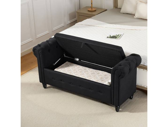 HOMCOM Banc Coffre Tissu Lin Pieds Bois 146,5x49x72cm Noir