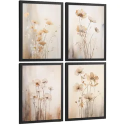 POSTER 4er-Set Wandbilder Blumen Vintage modern Wohnzimmer Deko, Schlafzimmer, Küche, Badezimmer Rahmenlos A4