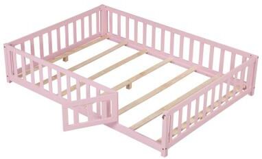 Costway Montessori Bed Frame with Full-length Guardrails Safety Door and Latch-Pink