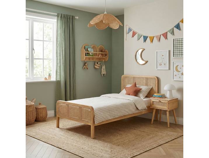Chambre lit cannage enfant et chevet bois naturel ANNA 90x200