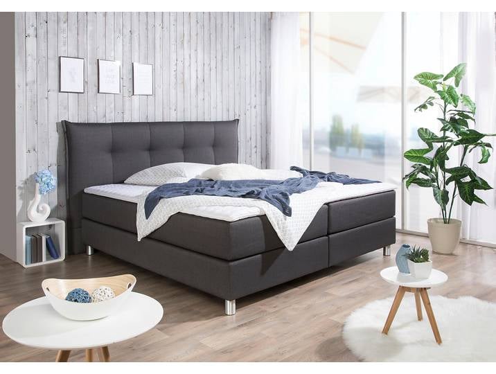 Boxspringbett, Polyester, Grau, 160×200 cm, Bonnell-Federkernmatratze, Abnehmbarer Topper, Maintal
