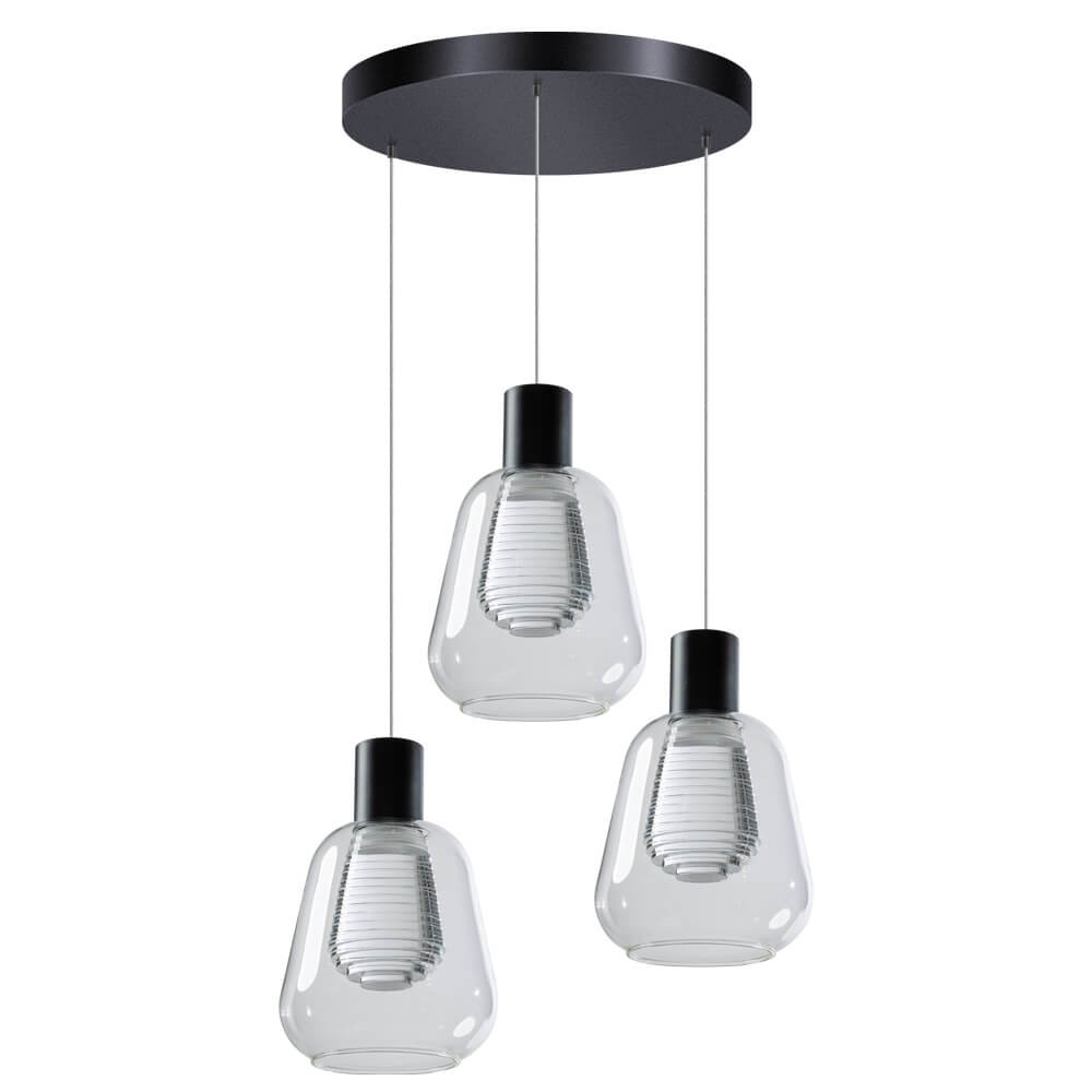 ETH Gary 3-lichts hanglamp met transparant glas en zwart aluminium