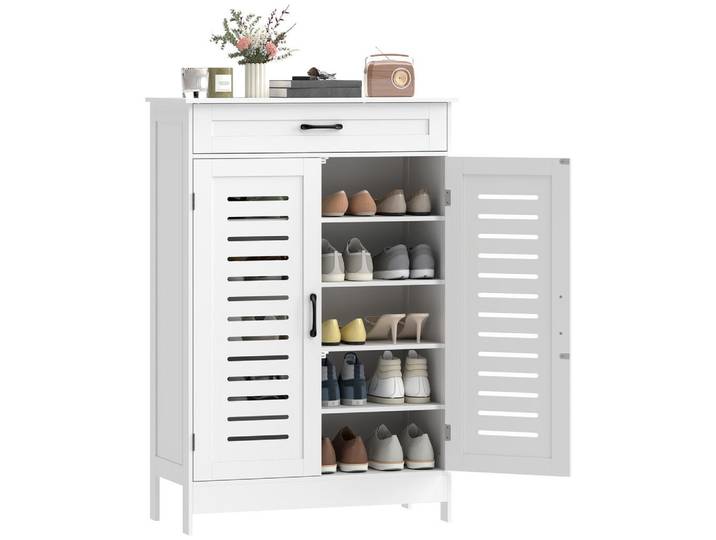 ComfortXL Schuhkipper De-15091 20 Paar Schuhe, 2 Jalousietüren, 1 Schubfach Weiß, 78x115.8x37 cm, Garderobe, Schuhaufbewahrung, Schuhkipper