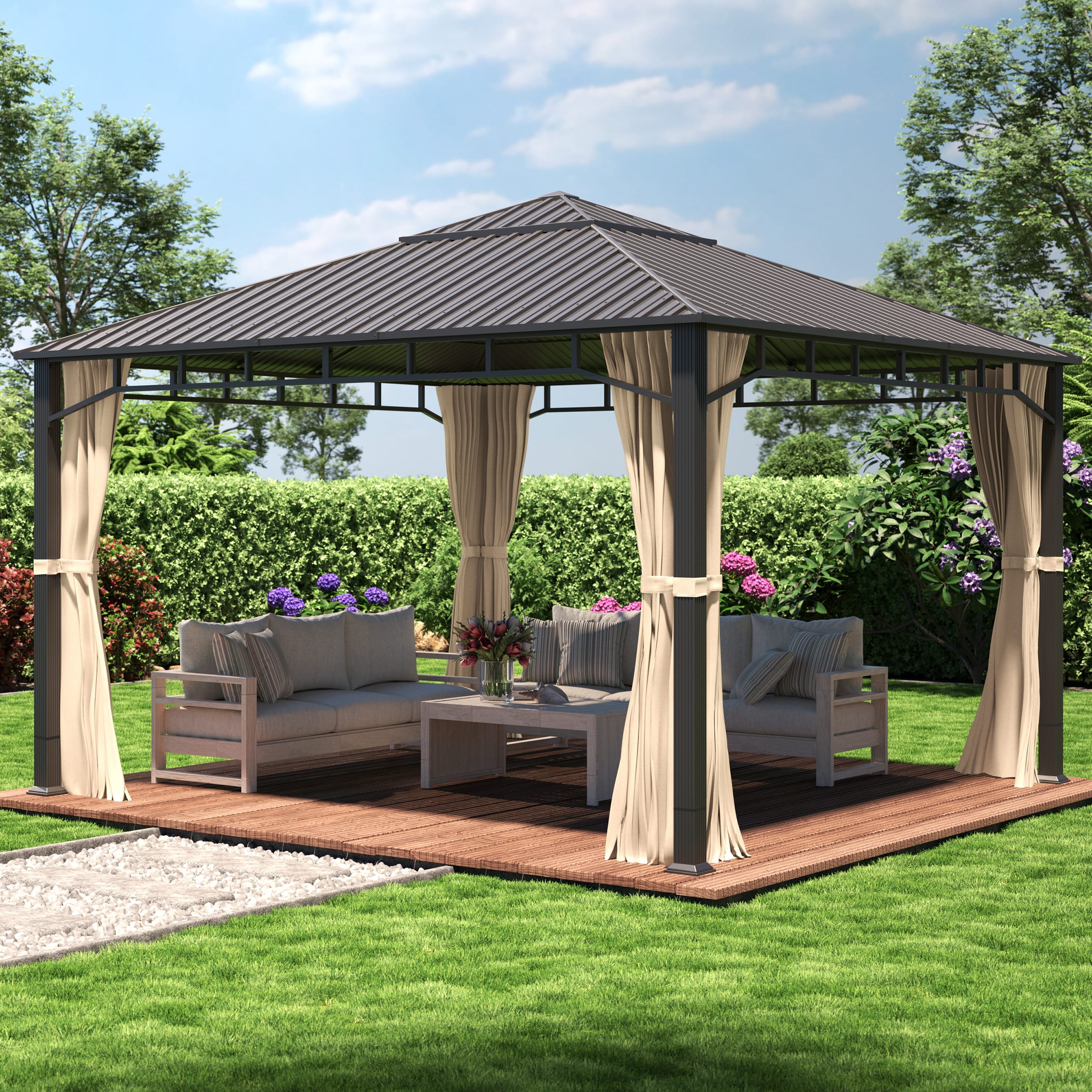 TOOLPORT 4x4 m Hardtop Gartenpavillon, inkl. 4 Seitenteile, champagnerfarben - (301350)
