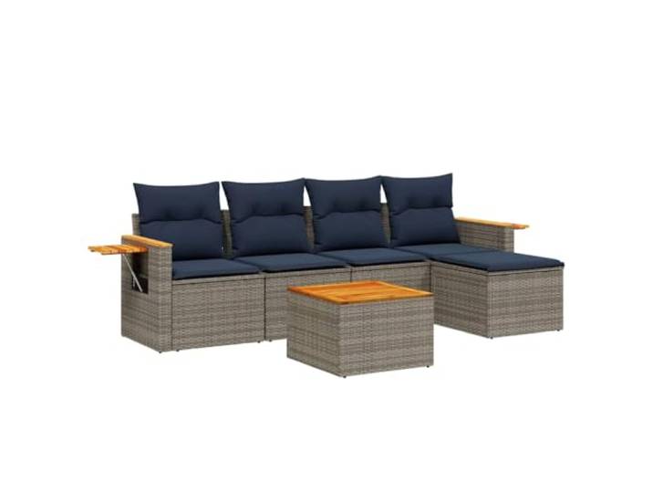PUGYNBK Gartenmöbel-Set, 6-teilig, synthetisches Rattan, Grau Modulares Design, Kissen mit abnehmbarem Bezug, klappbarer Beistelltisch, Akazienholz