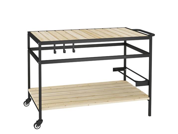 Outsunny Servierwagen, Barbecue Trolley mit 2 Regalen, Haken für Garten, Balkon, Natur, Fichtefarben, Metall, 65x80x107 cm, Esszimmer, Servierwagen