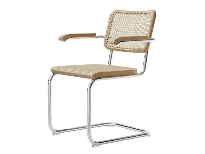Thonet - S 64 V Armlehnstuhl, Chrom / Eiche natur / Rohrgeflecht mit Kunststoffstützgewebe (Pure Materials, ohne Gleiter)