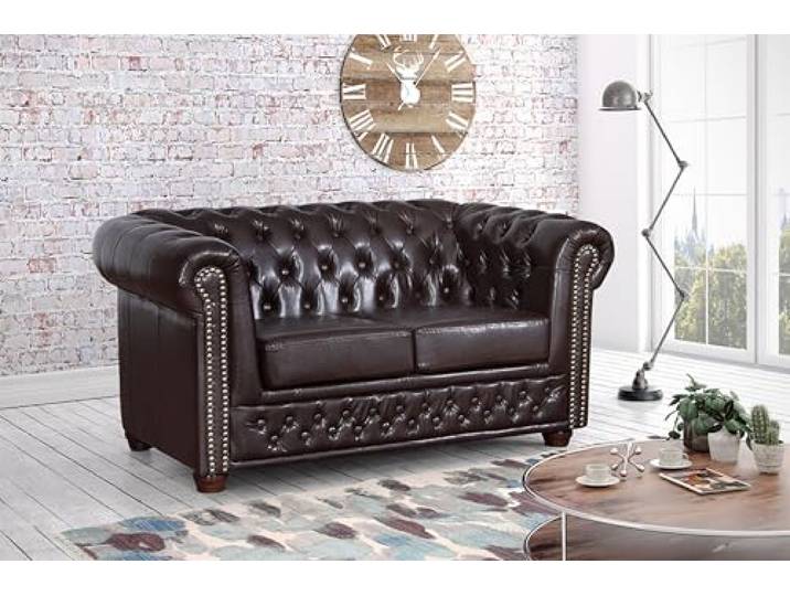 Kuechen-preisbombe Edles Chesterfield Sofa 2 Sitzer in Kunstleder Vintage braun Couch Polstersofa