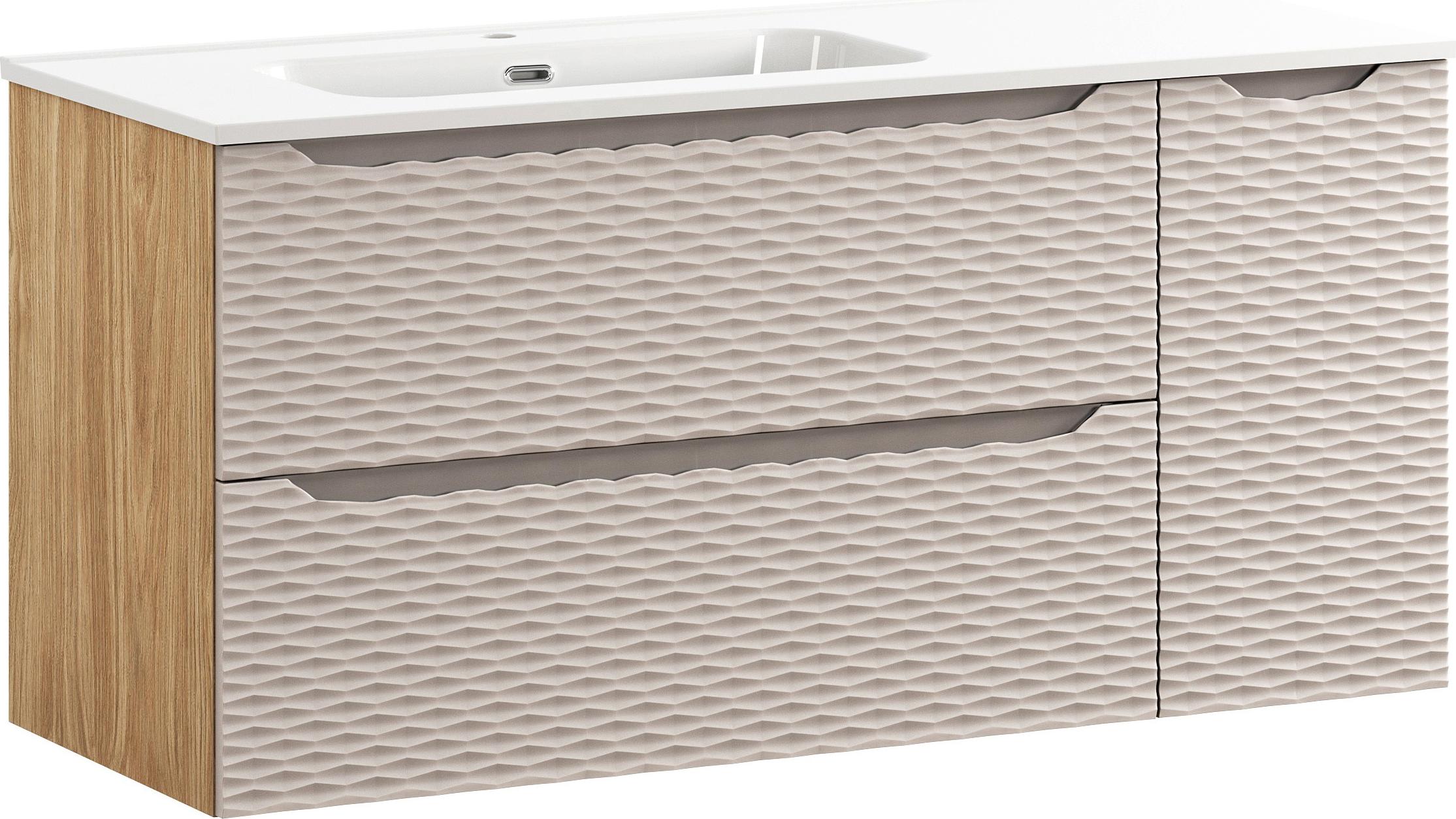 Badezimmerschrank 120 Cm Mit Keramikwaschbecken - Eiche Geölt Und Beige 3D