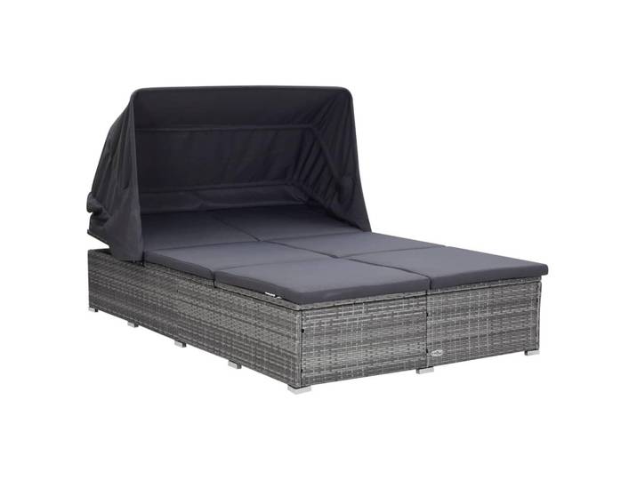 vidaXL Sonnenliege mit Auflage und Faltdach für 2 Personen, 194/120,5/110 cm, aus Poly Rattan, Grau, Dunkelgrau, Kunststoff, Füllung: Polyester, 145x80x202 cm, Gartenmöbel, Loungemöbel, Sonneninseln
